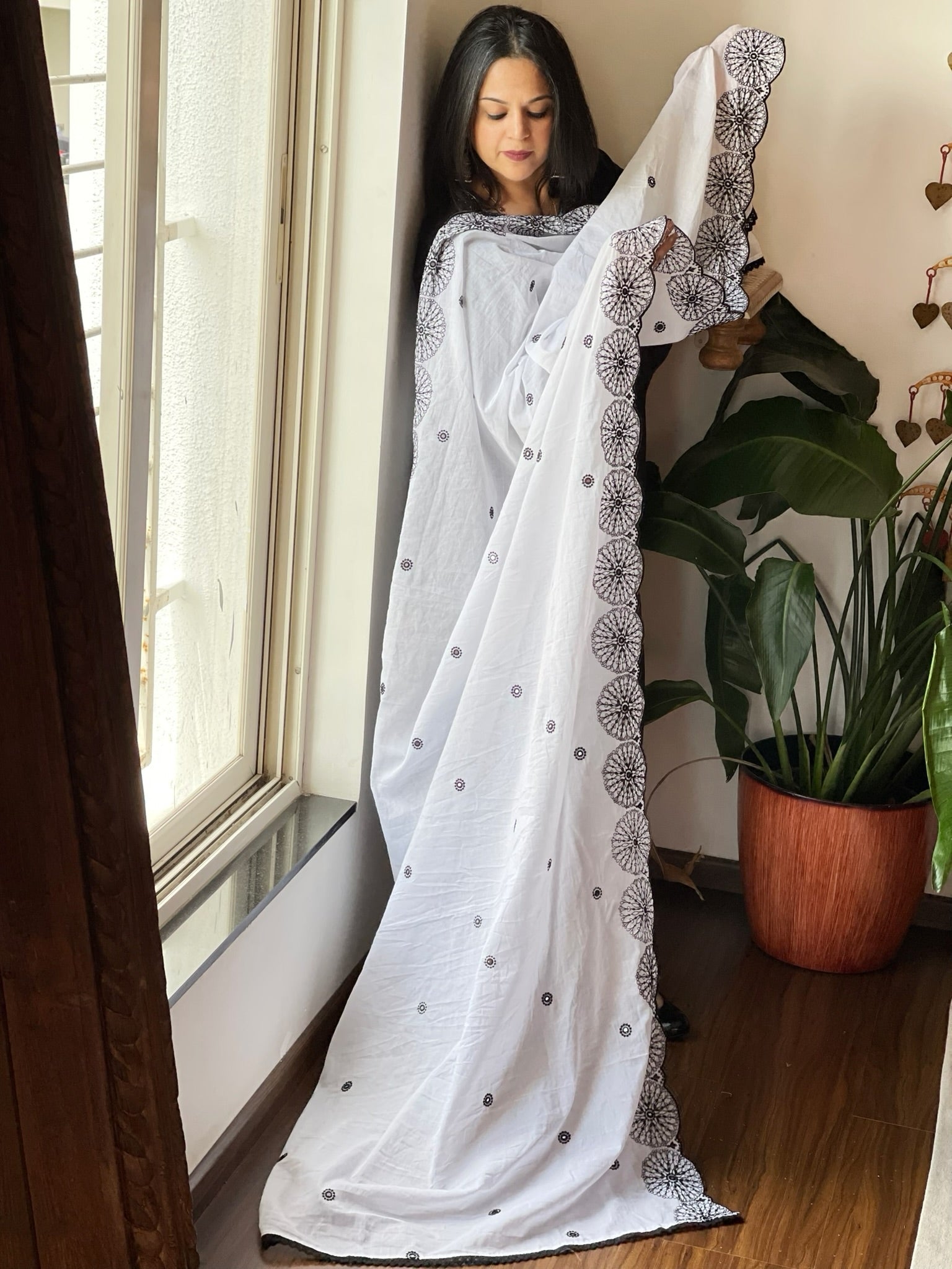 White Cotton Dupatta with Embroidery and Foil Mirror Work - Masakalee