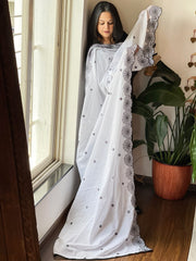 White Cotton Dupatta with Embroidery and Foil Mirror Work - Masakalee