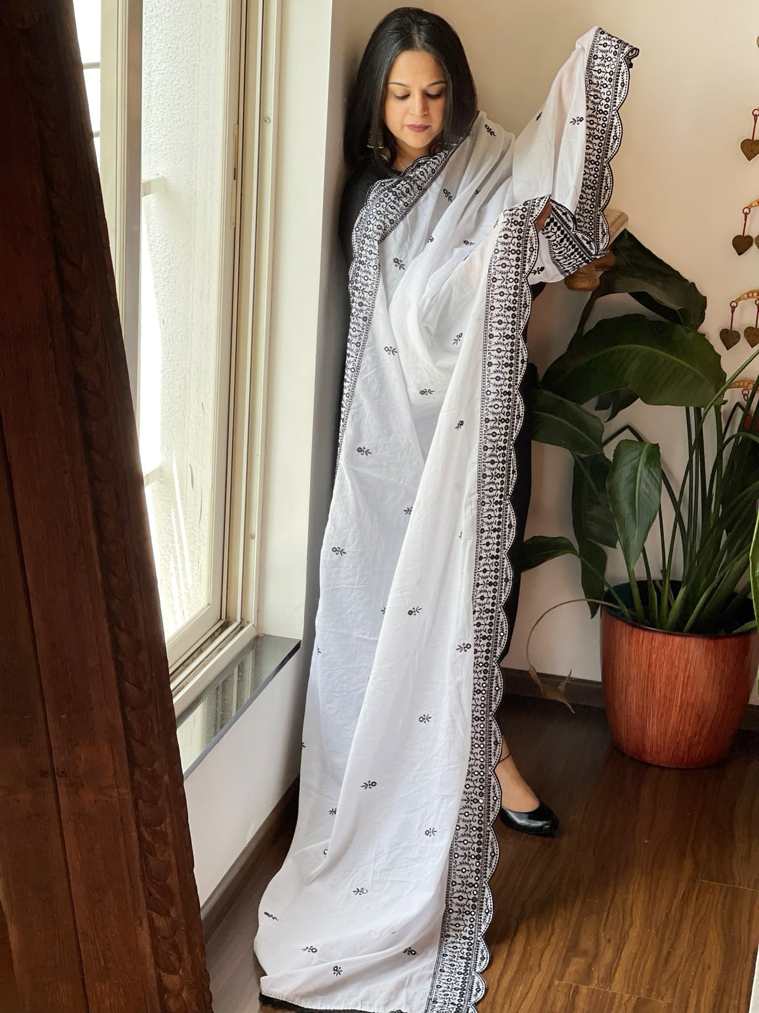 White Cotton Dupatta with Embroidery and Foil Mirror Work - Masakalee