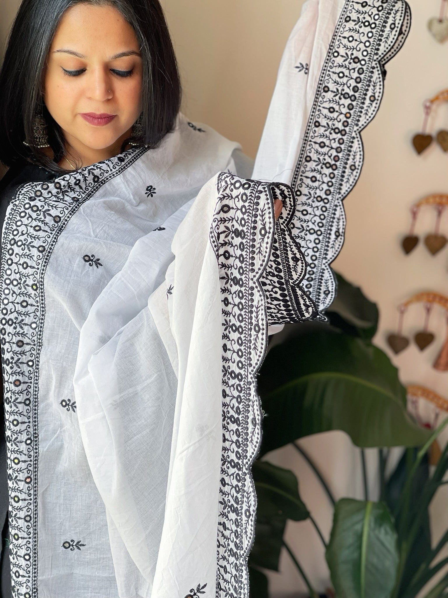White Cotton Dupatta with Embroidery and Foil Mirror Work - Masakalee