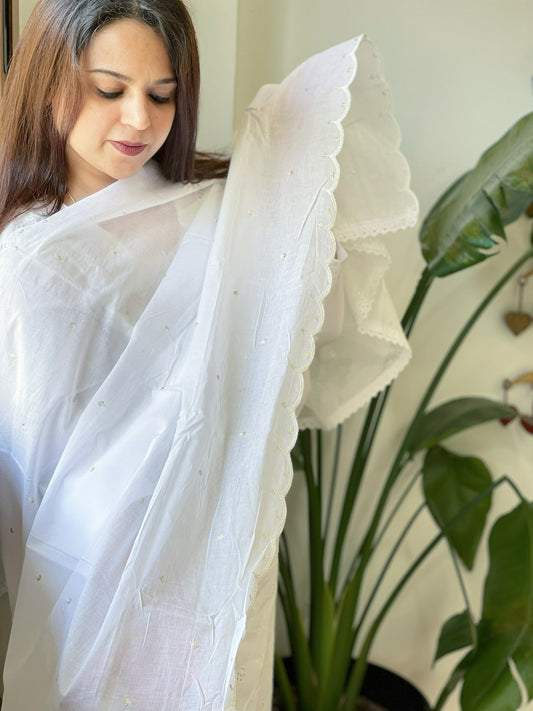 White Cotton Dupatta with Sequin Embroidery - Masakalee