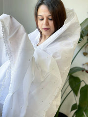 White Cotton Dupatta with Sequin Embroidery - Masakalee