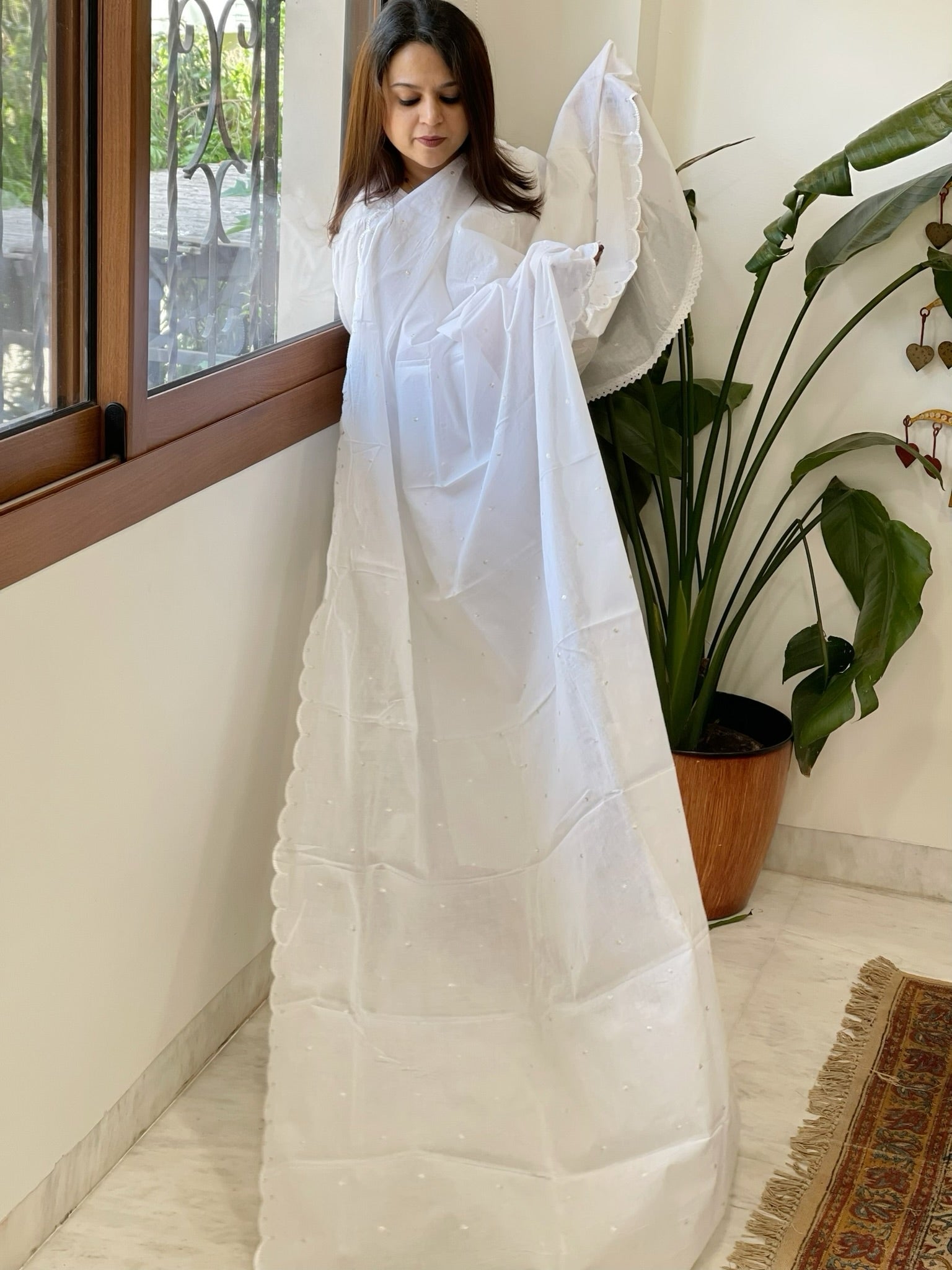 White Cotton Dupatta with Sequin Embroidery - Masakalee