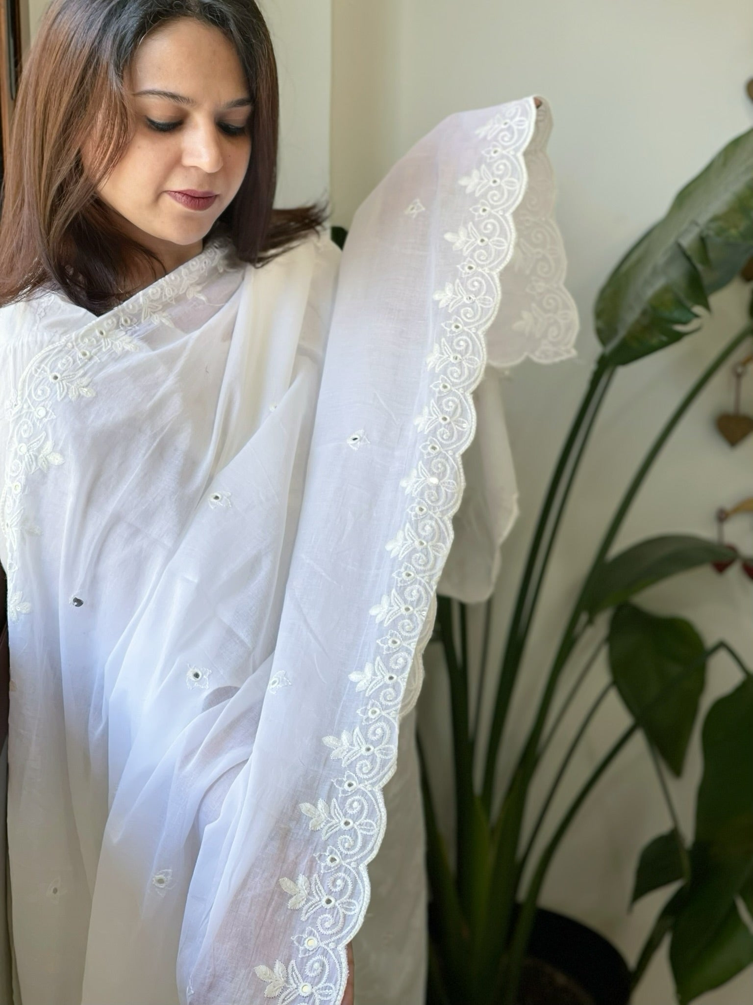 White Cotton Dupatta with Thread Jaal Embroidery - Masakalee