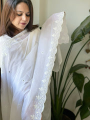 White Cotton Dupatta with Thread Jaal Embroidery - Masakalee