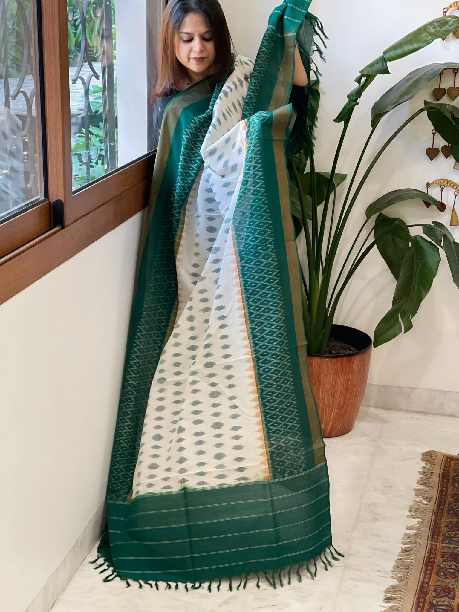 White, Green Handwoven Ikat Dupatta in Cotton - Masakalee