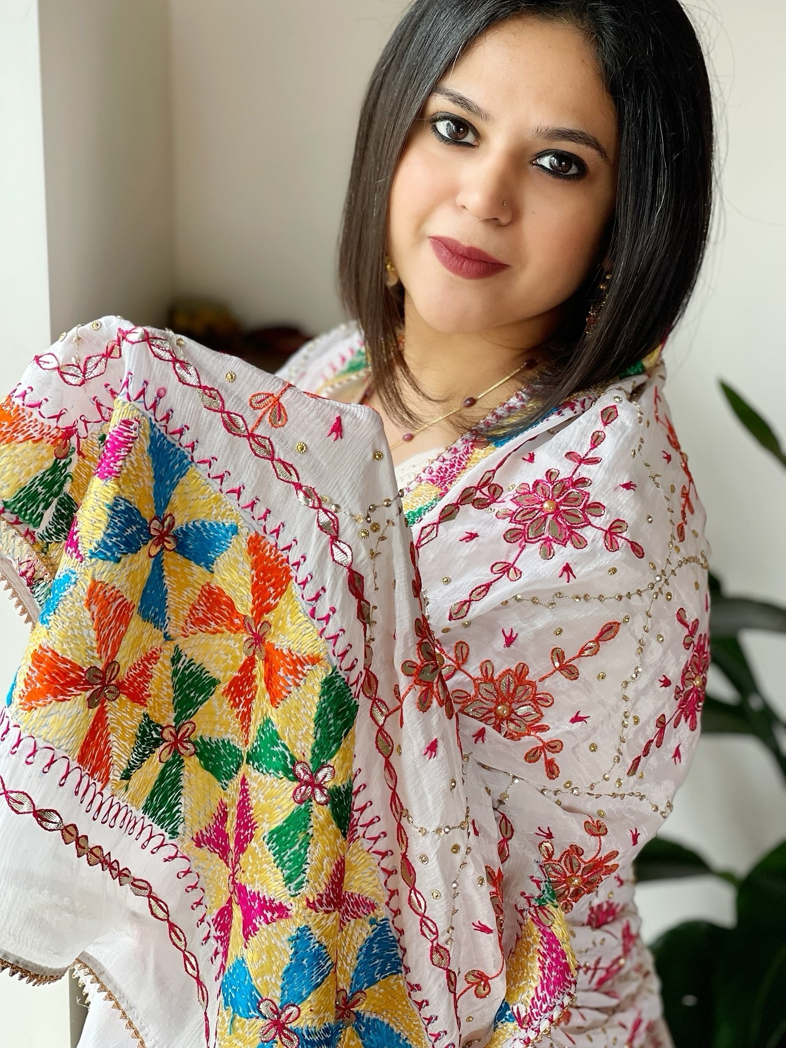 White Handmade Phulkari Dupatta in Pure Chinon with Gotapatti Handwork - Masakalee