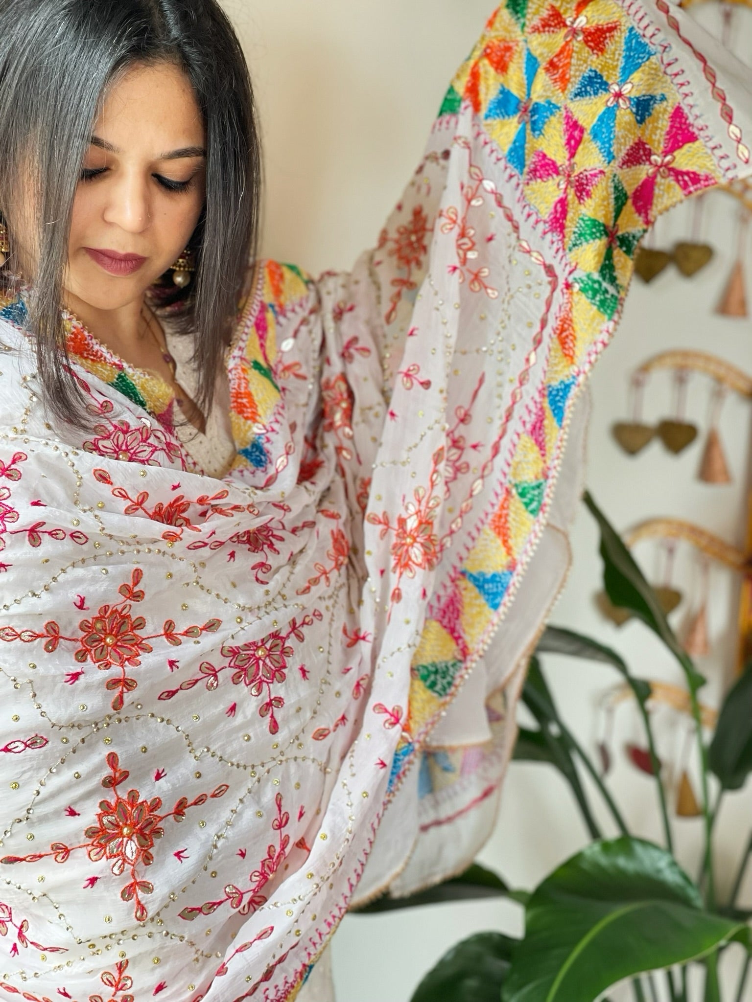 White Handmade Phulkari Dupatta in Pure Chinon with Gotapatti Handwork - Masakalee