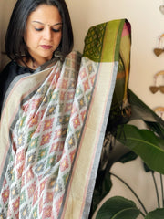 White Handwoven Ikat Dupatta Pure Silk - Cotton - Masakalee