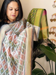 White Handwoven Ikat Dupatta Pure Silk - Cotton - Masakalee