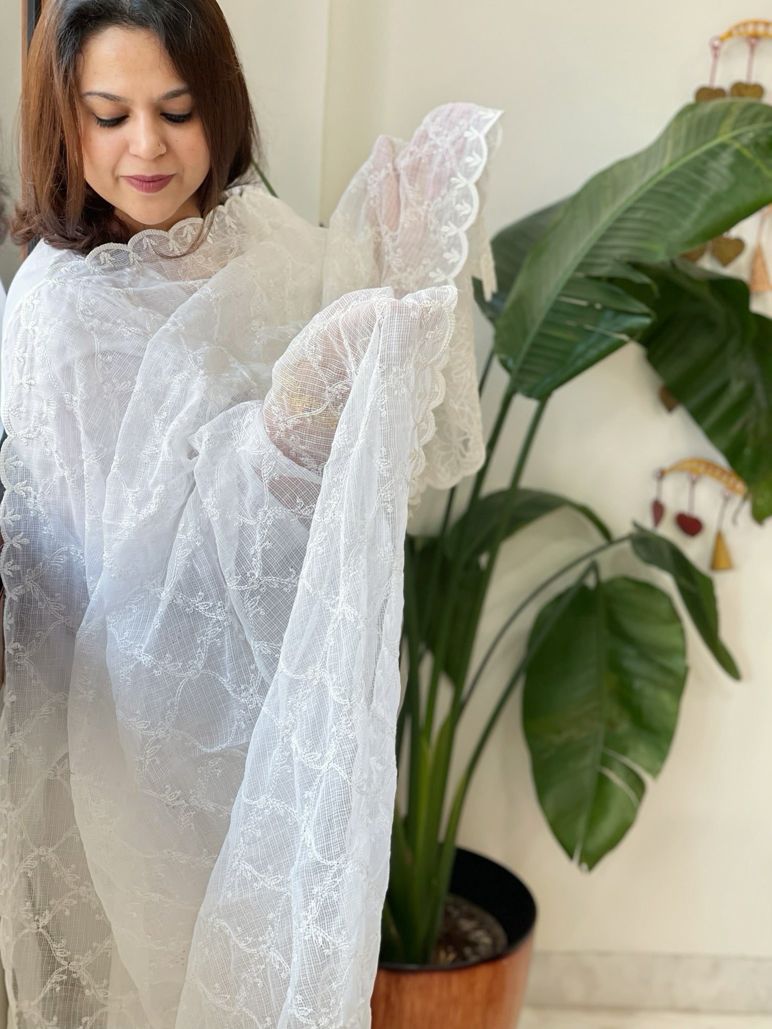 White Jaal Cut Work Dupatta in Kota Cotton - Masakalee