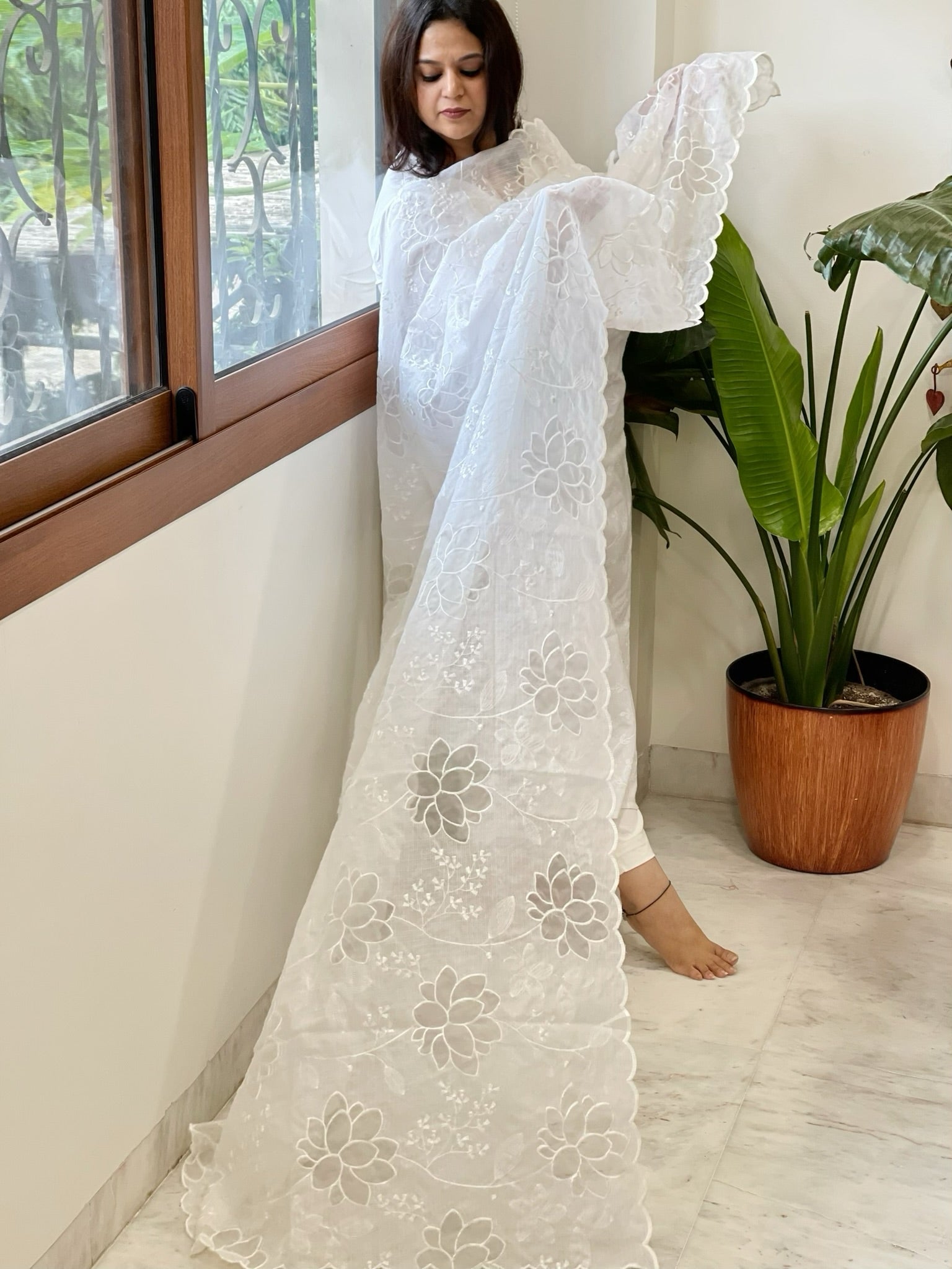White Jaal Cut Work Dupatta in Kota Cotton - Masakalee