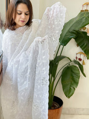 White Jaal Cut Work Dupatta in Kota Cotton - Masakalee