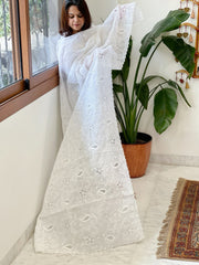 White Jaal Cut Work Dupatta in Kota Cotton - Masakalee