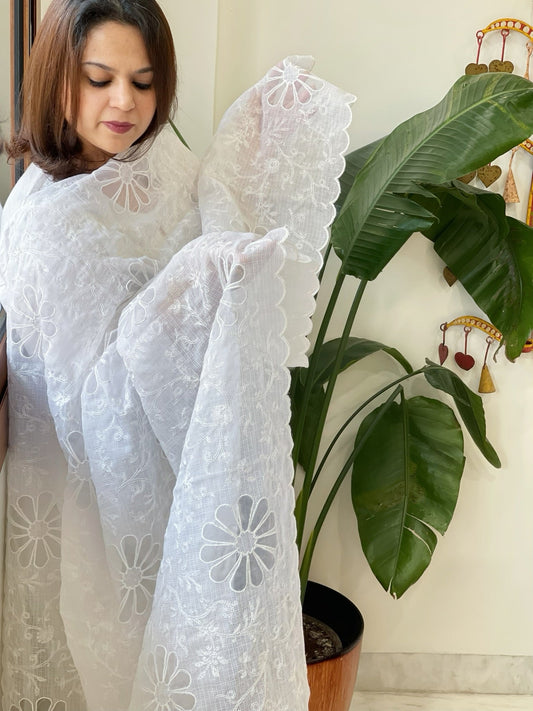 White Jaal Cut Work Dupatta in Kota Cotton - Masakalee