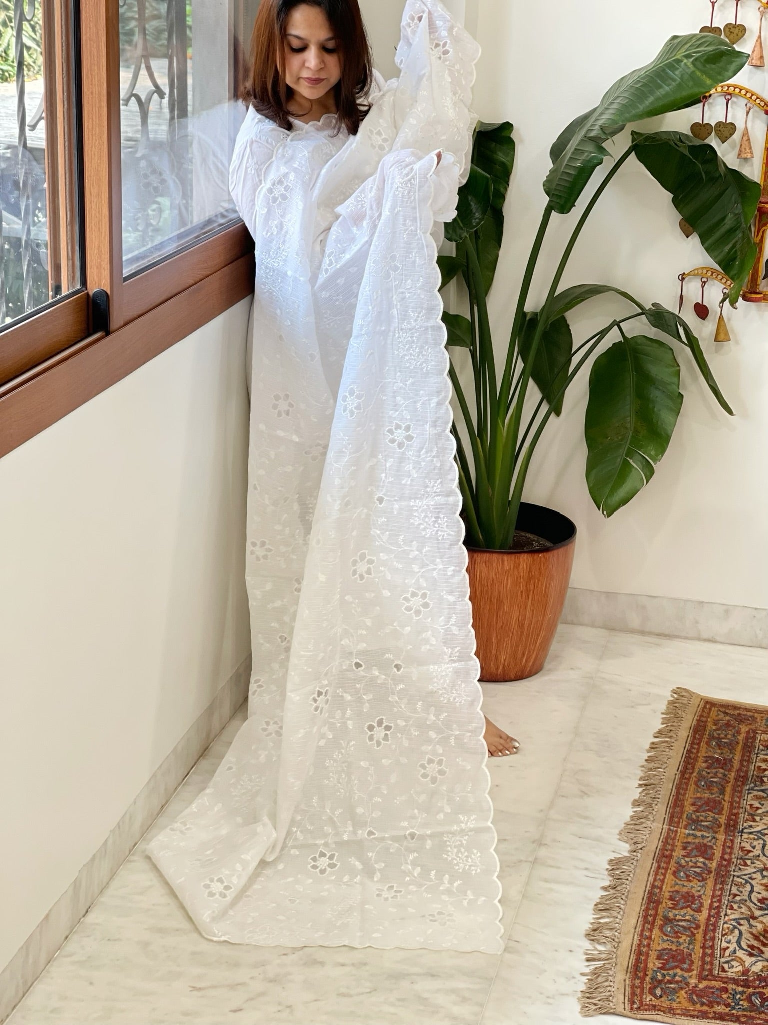 White Jaal Cut Work Dupatta in Kota Cotton - Masakalee