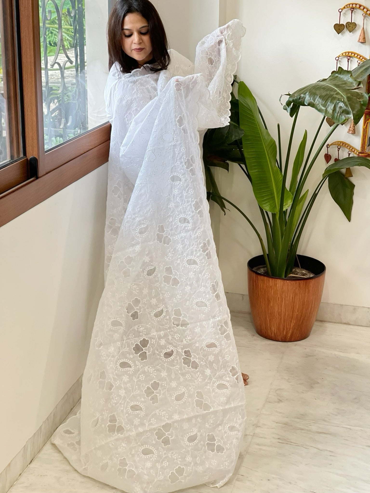 White Jaal Cut Work Dupatta in Kota Cotton - Masakalee