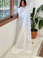 White Jaal Cut Work Dupatta in Kota Cotton - Masakalee