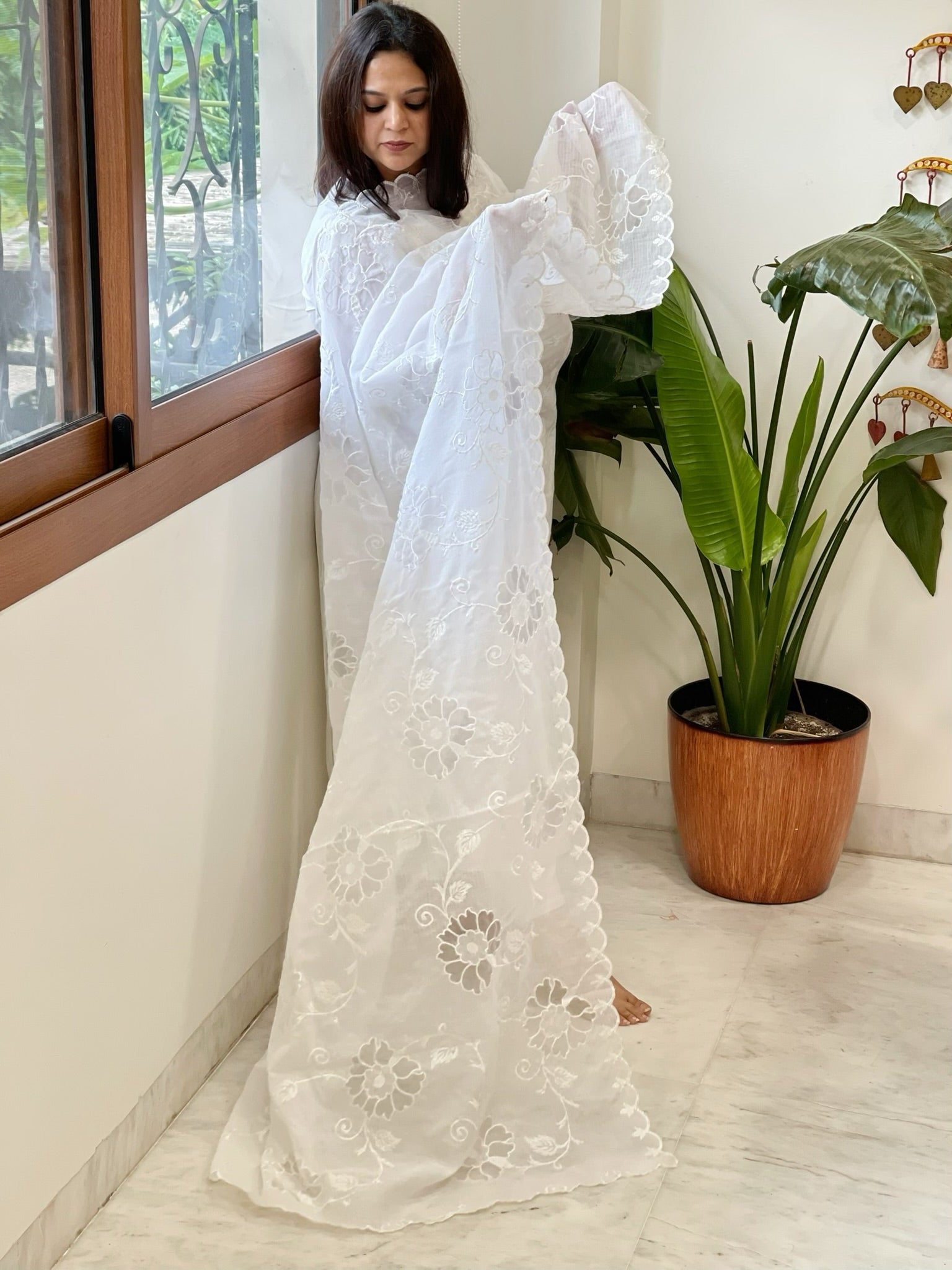 White Jaal Cut Work Dupatta in Kota Cotton - Masakalee