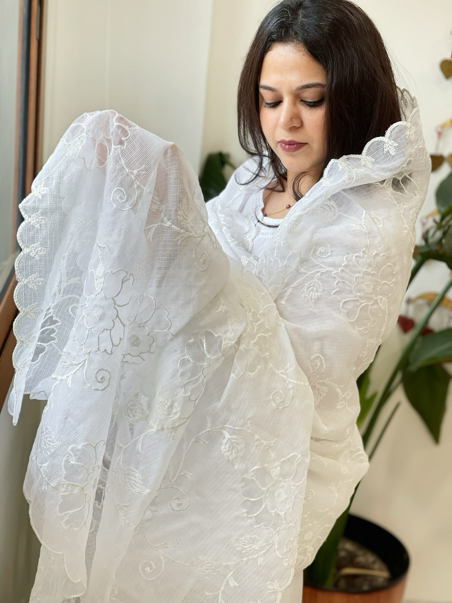 White Jaal Cut Work Dupatta in Kota Cotton - Masakalee