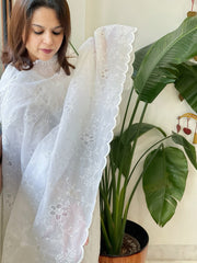 White Jaal Cut Work Dupatta in Kota Cotton - Masakalee