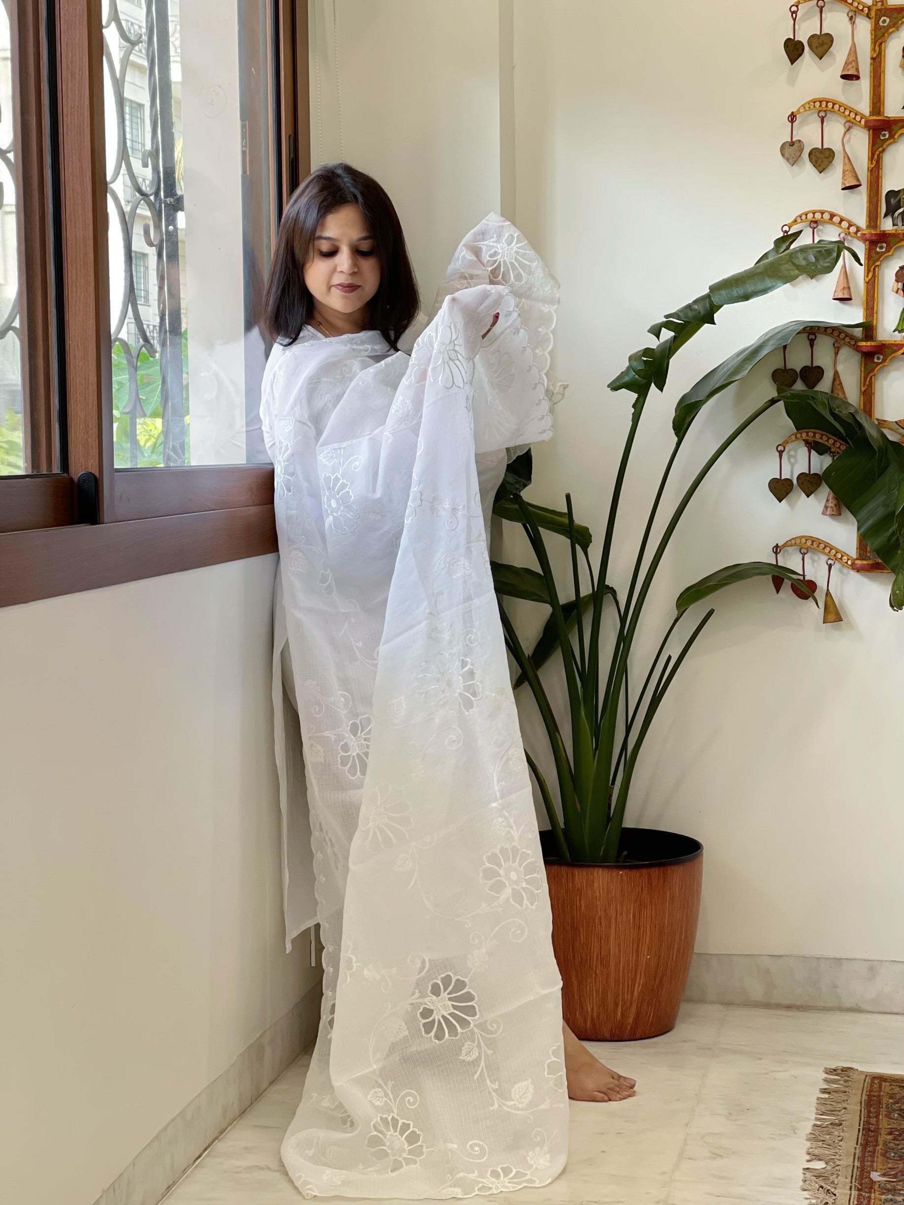 White Jaal Cut Work Dupatta in Kota Cotton - Masakalee