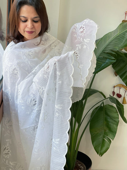 White Jaal Cut Work Dupatta in Kota Cotton - Masakalee