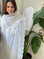 White Jaal Cut Work Dupatta in Kota Cotton - Masakalee