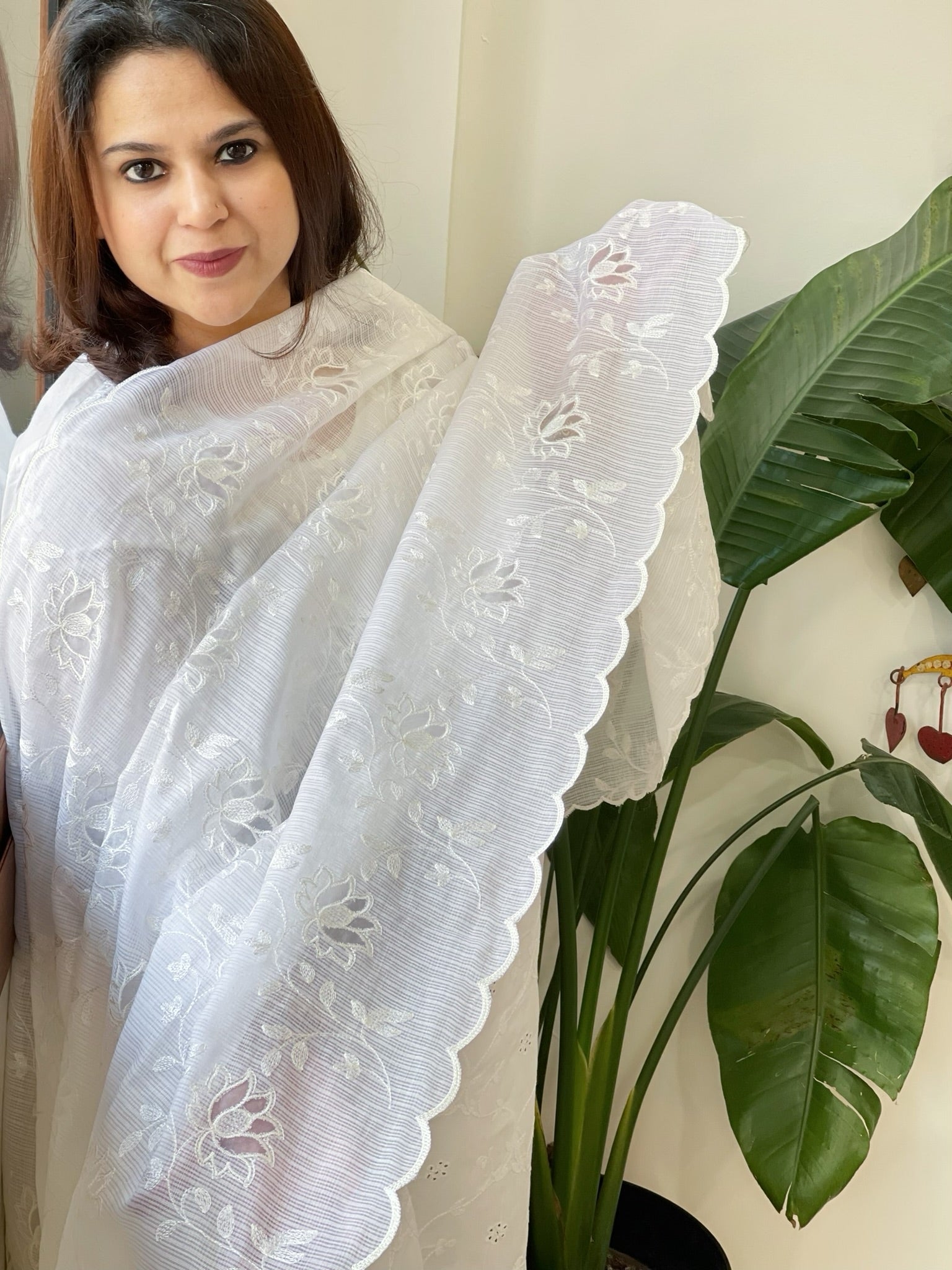 White Jaal Cut Work Dupatta in Kota Cotton - Masakalee