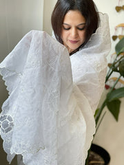 White Jaal Cut Work Dupatta in Kota Cotton - Masakalee