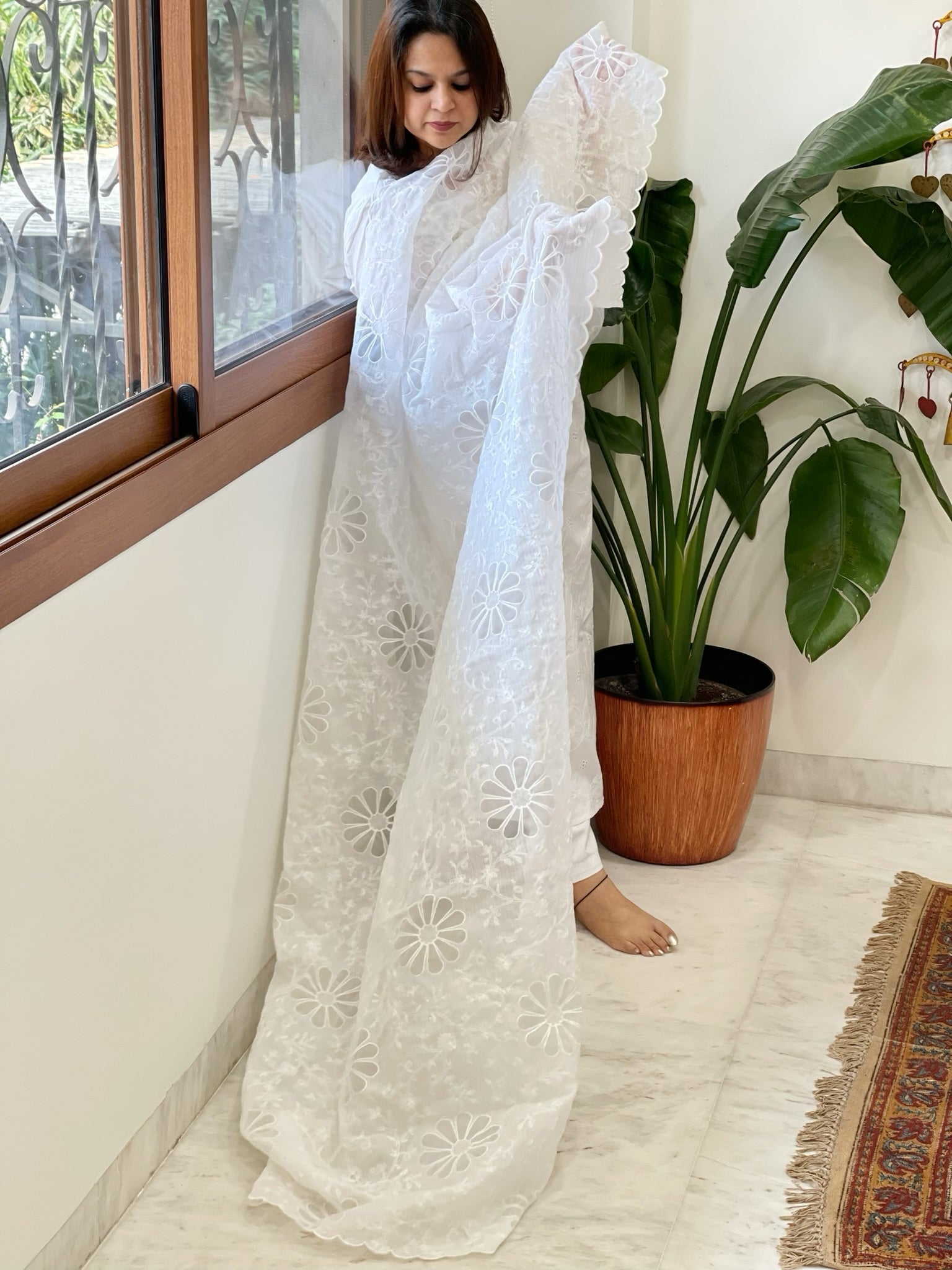 White Jaal Cut Work Dupatta in Kota Cotton - Masakalee