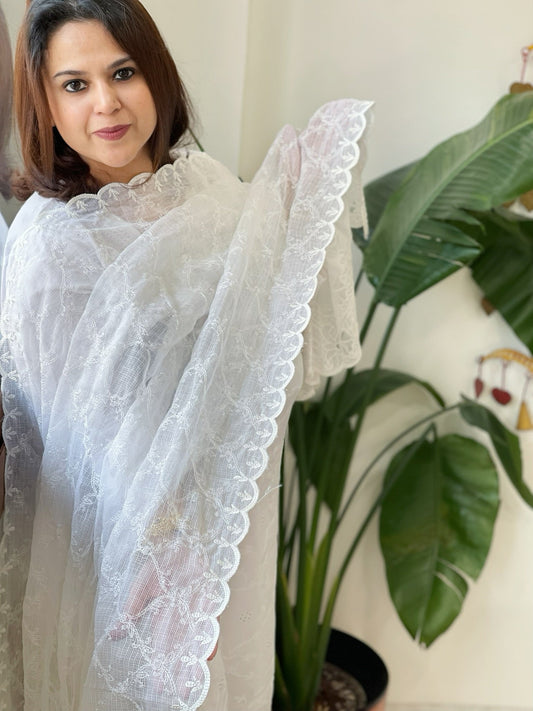 White Jaal Cut Work Dupatta in Kota Cotton - Masakalee