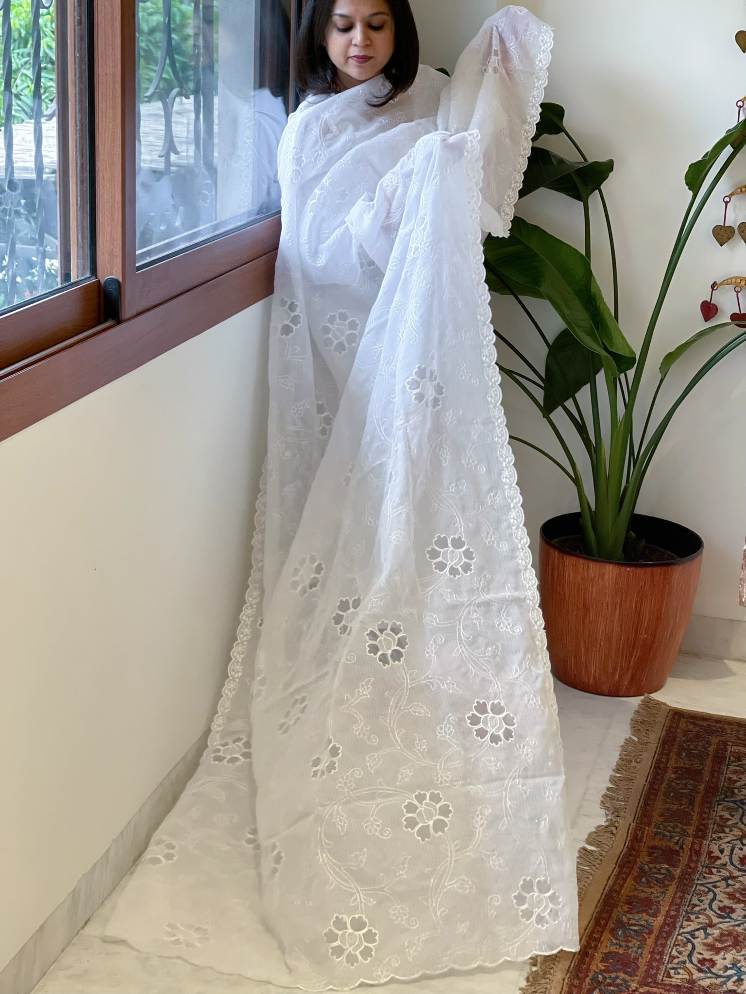 White Jaal Cut Work Dupatta in Kota Cotton - Masakalee