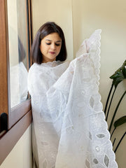 White Jaal Cut Work Dupatta in Kota Cotton - Masakalee
