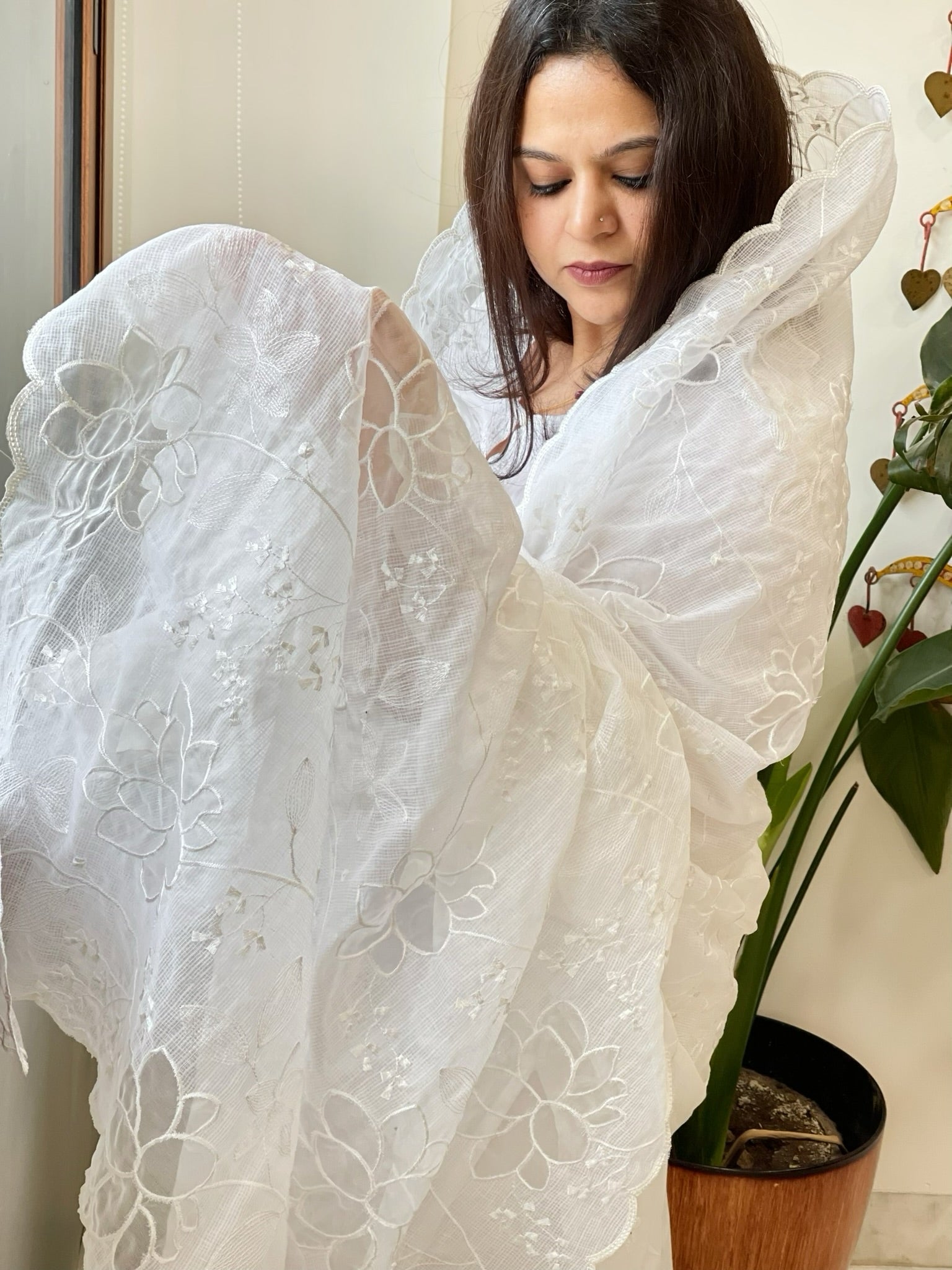 White Jaal Cut Work Dupatta in Kota Cotton - Masakalee