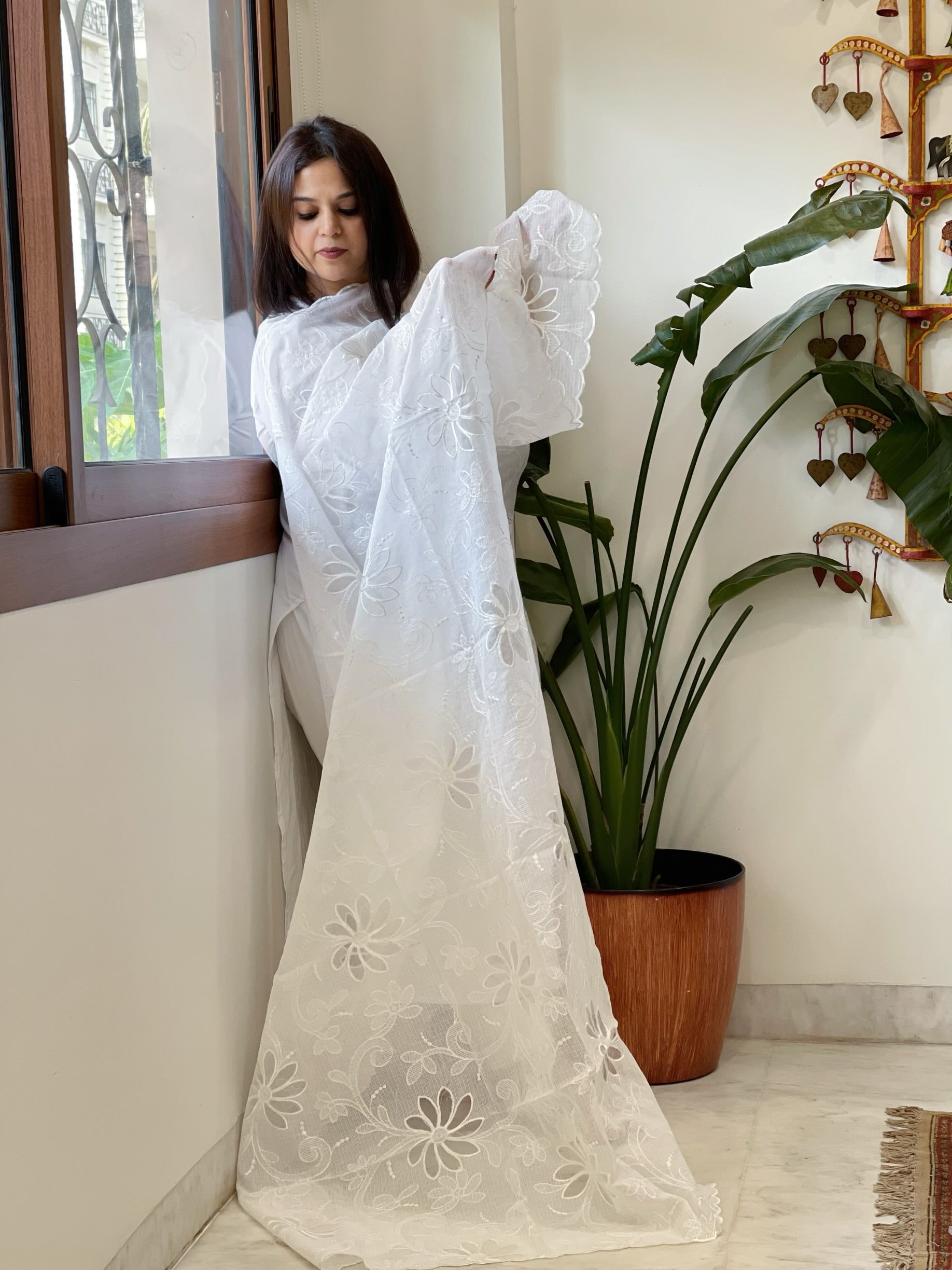 White Jaal Cut Work Dupatta in Kota Cotton - Masakalee