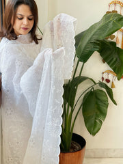 White Jaal Cut Work Dupatta in Kota Cotton - Masakalee