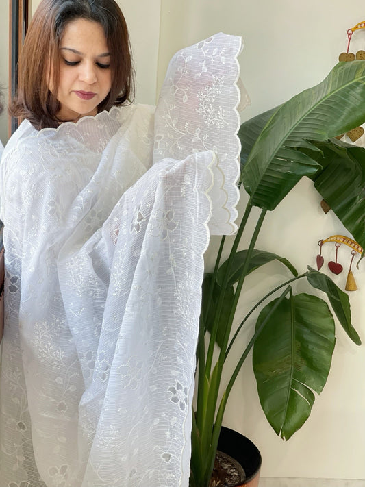 White Jaal Cut Work Dupatta in Kota Cotton - Masakalee