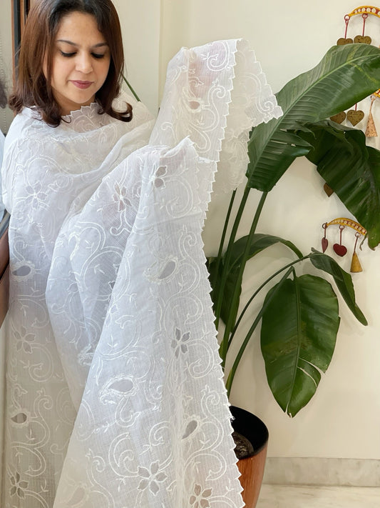 White Jaal Cut Work Dupatta in Kota Cotton - Masakalee