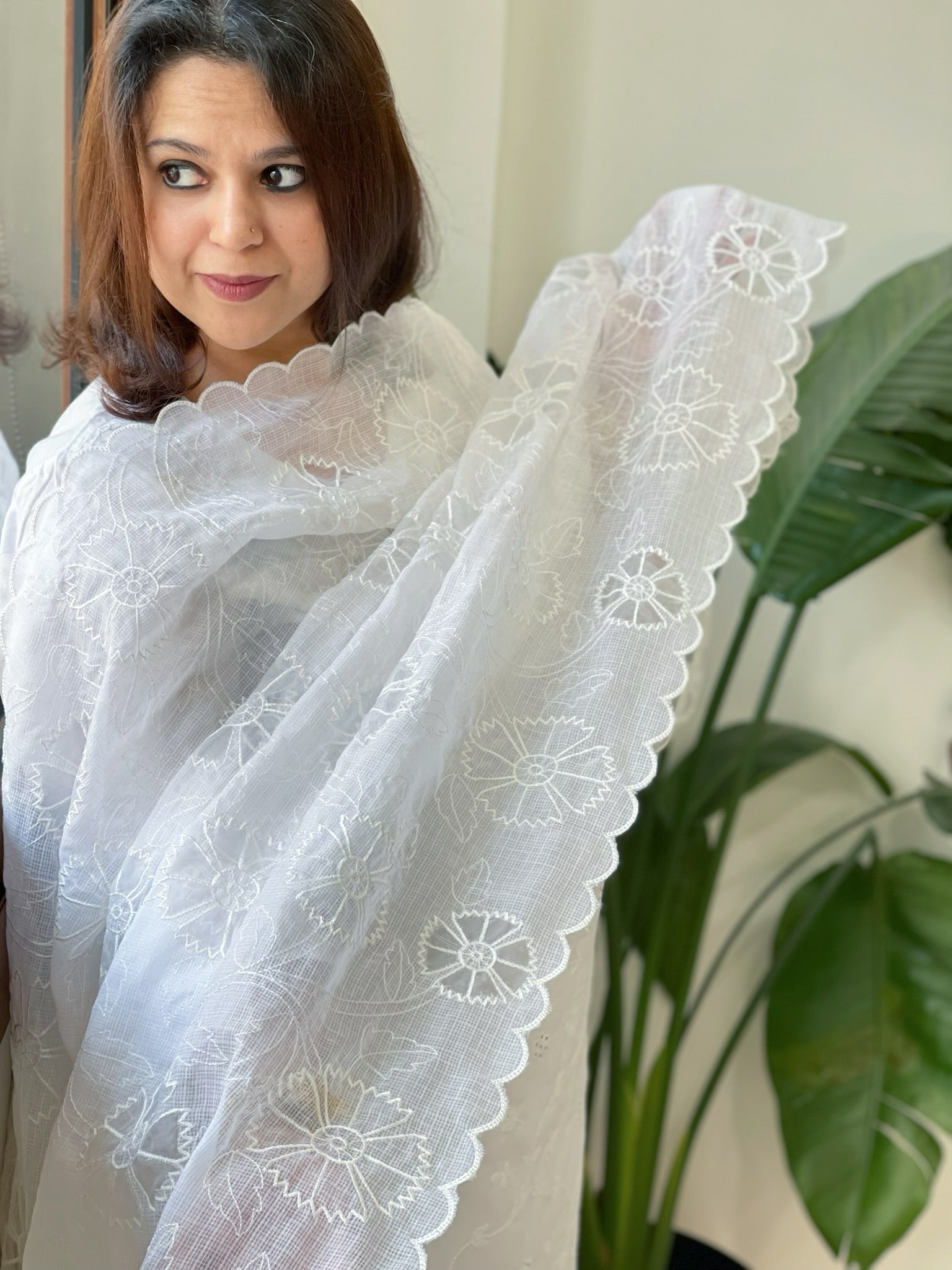 White Jaal Cut Work Dupatta in Kota Cotton - Masakalee