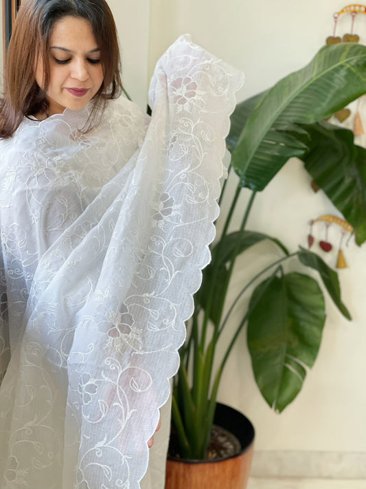 White Jaal Cut Work Dupatta in Kota Cotton - Masakalee