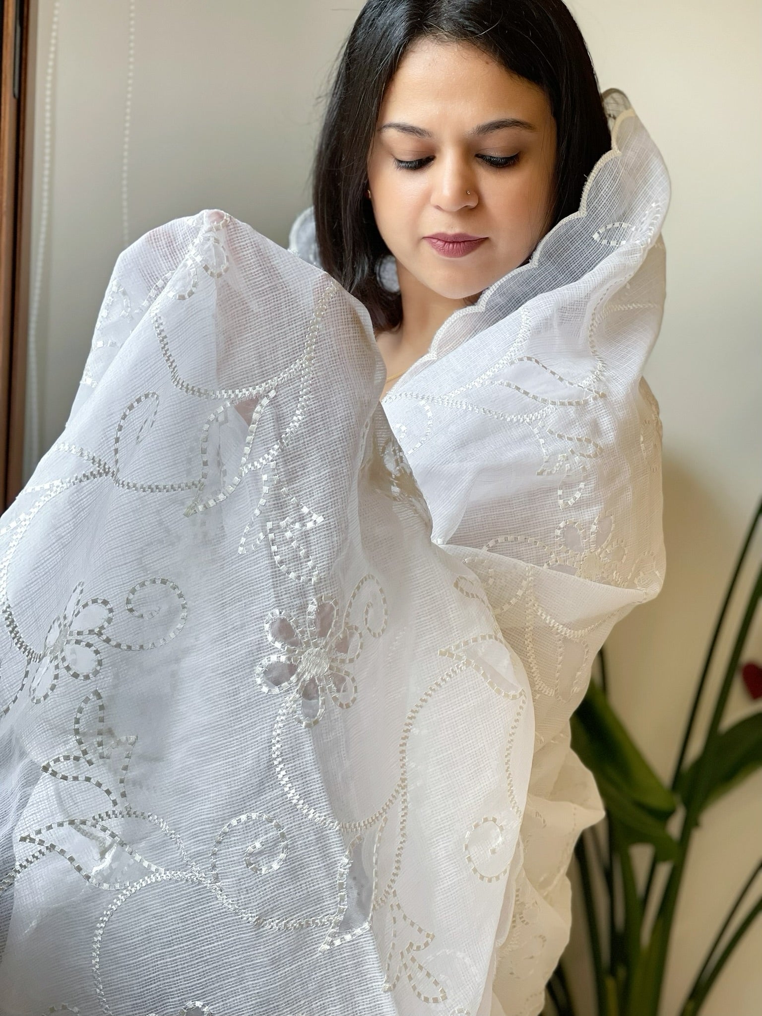 White Jaal Cut Work Dupatta in Kota Cotton - Masakalee