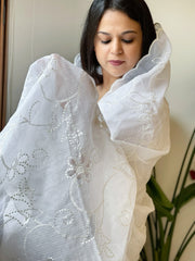 White Jaal Cut Work Dupatta in Kota Cotton - Masakalee