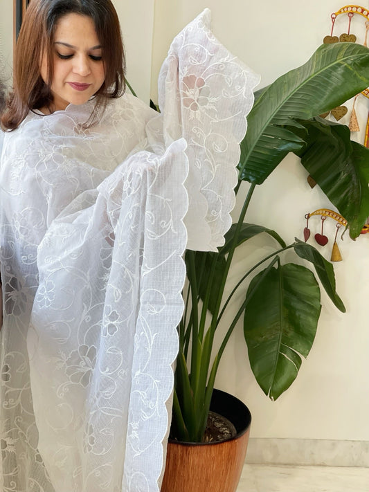 White Jaal Cut Work Dupatta in Kota Cotton - Masakalee