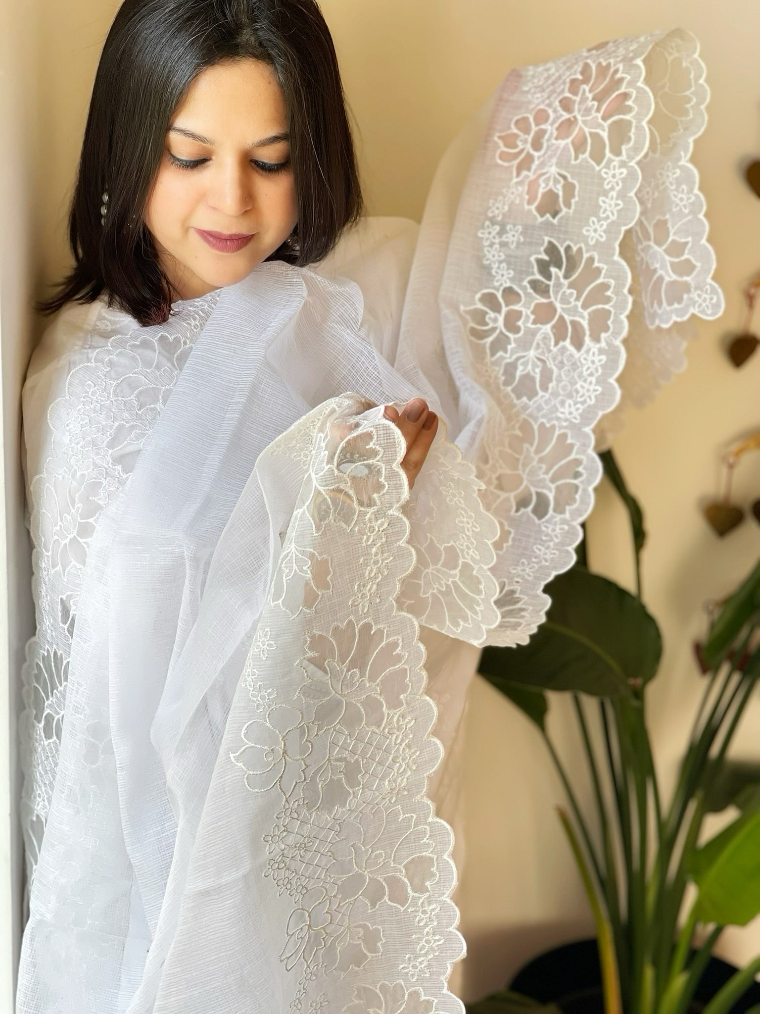 White Kota Cotton Dupatta and Cut Work - Masakalee