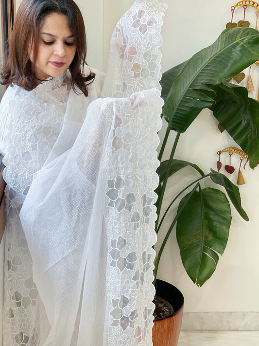 White Kota Cotton Dupatta with Cut Work - Masakalee