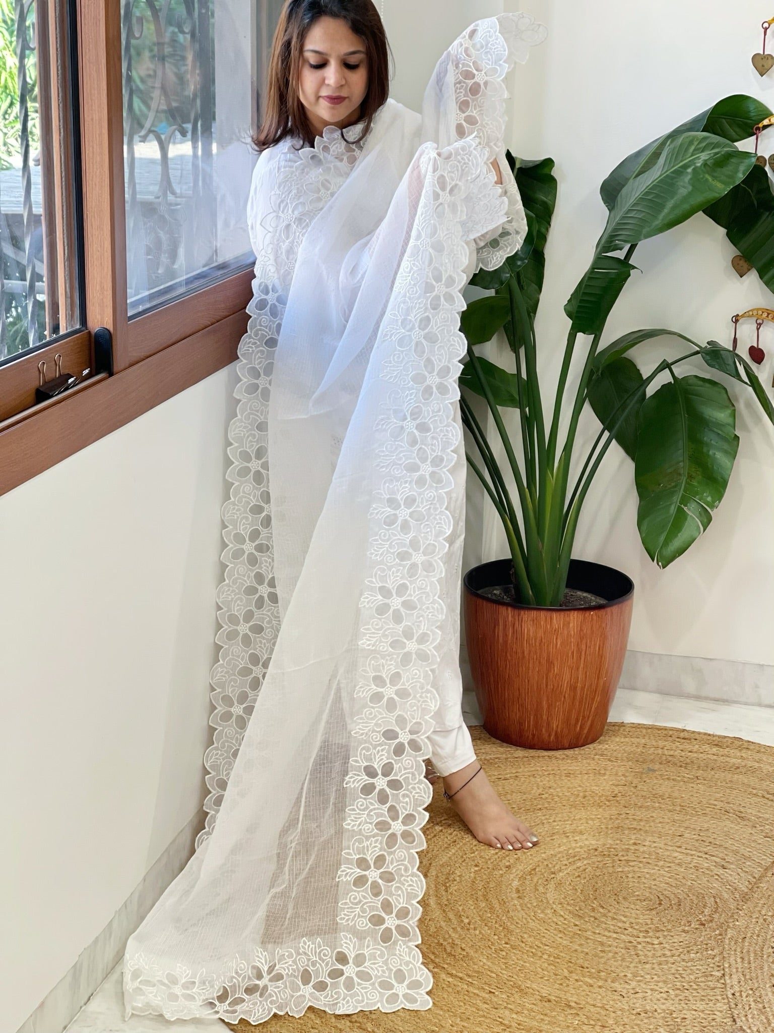 White Kota Cotton Dupatta with Cut Work - Masakalee