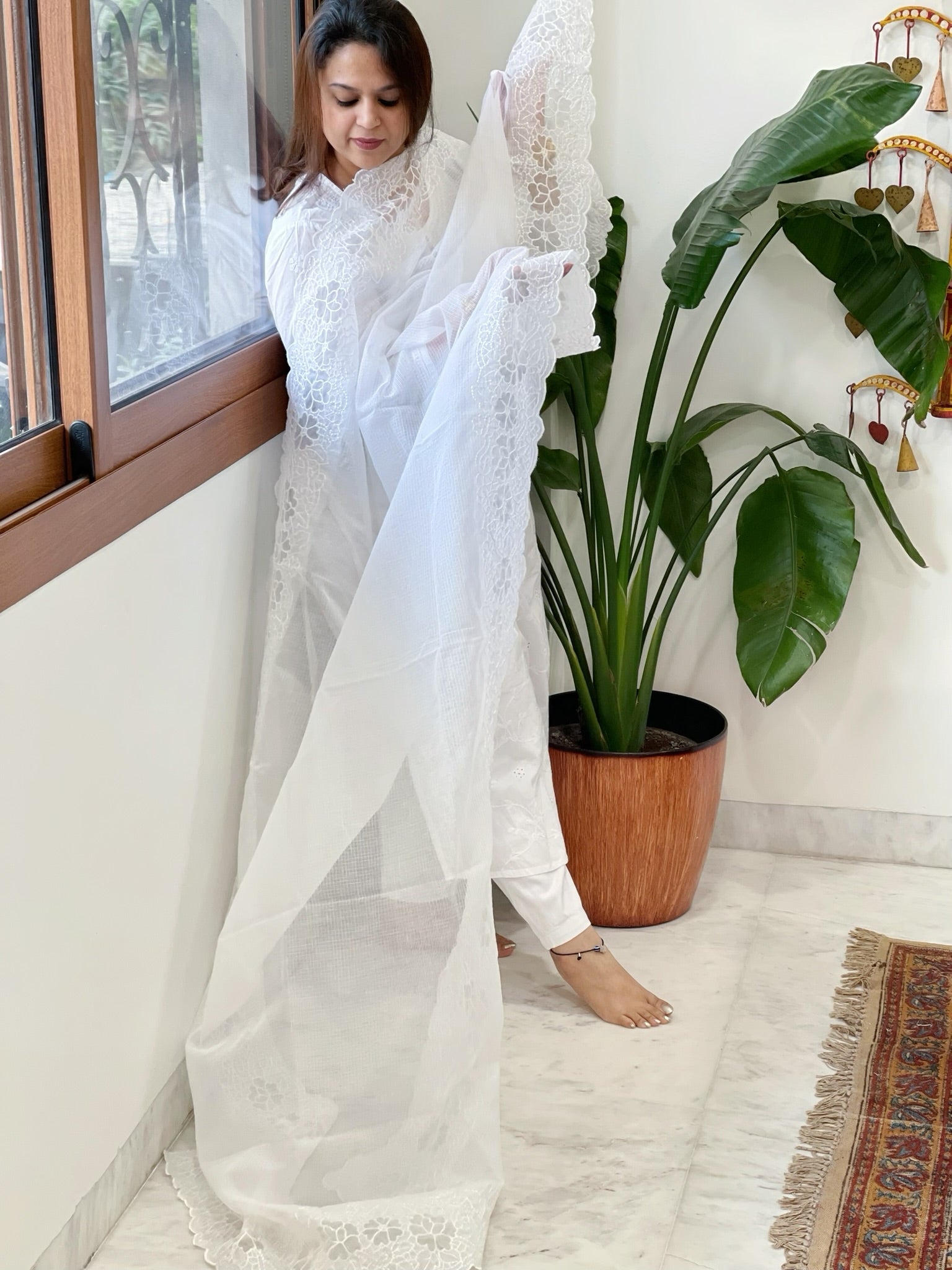 White Kota Cotton Dupatta with Cut Work - Masakalee