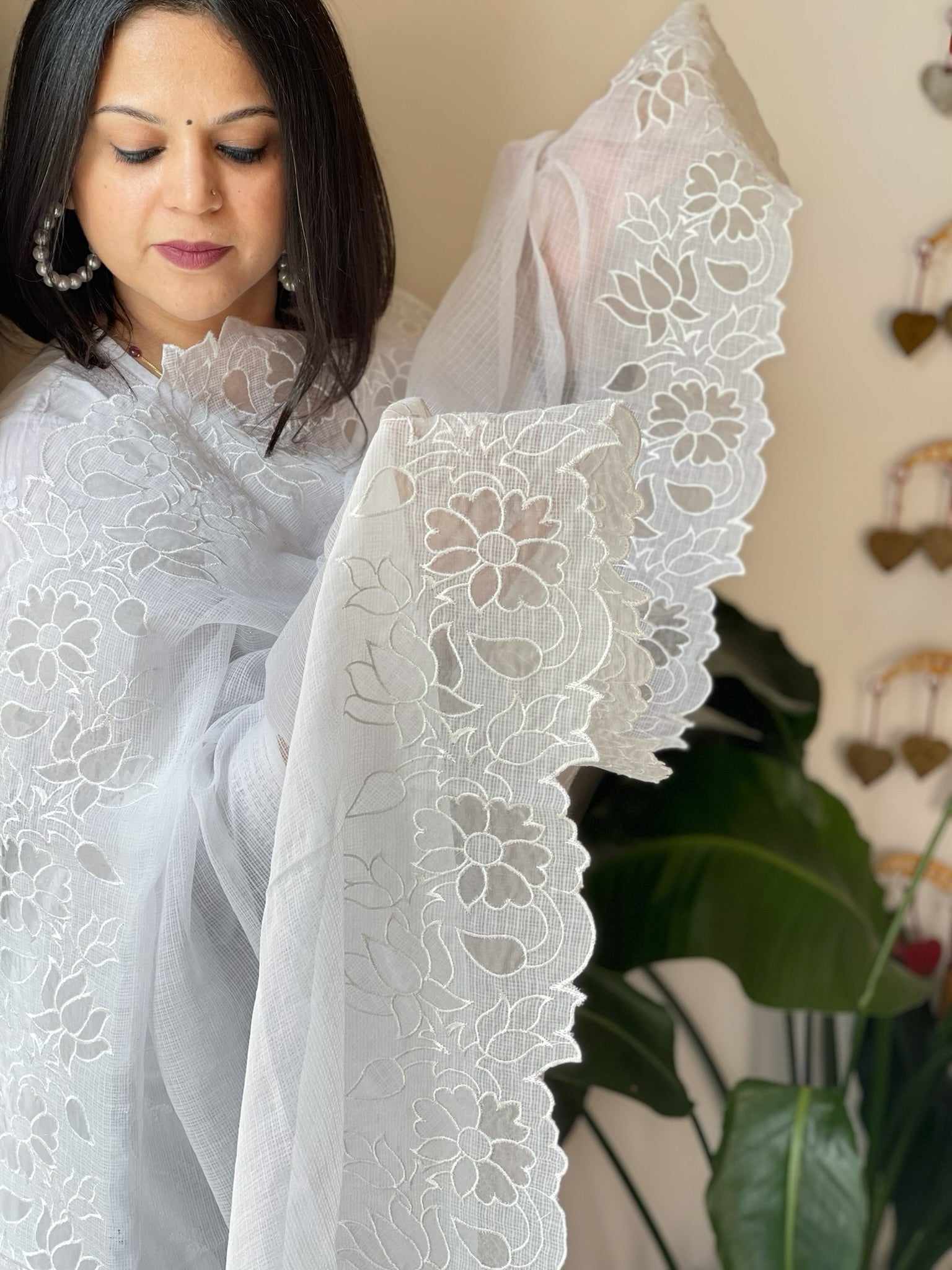 White Kota Cotton Dupatta with Cut Work - Masakalee