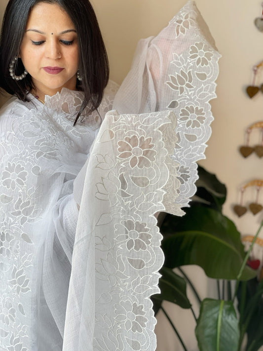 White Kota Cotton Dupatta with Cut Work - Masakalee